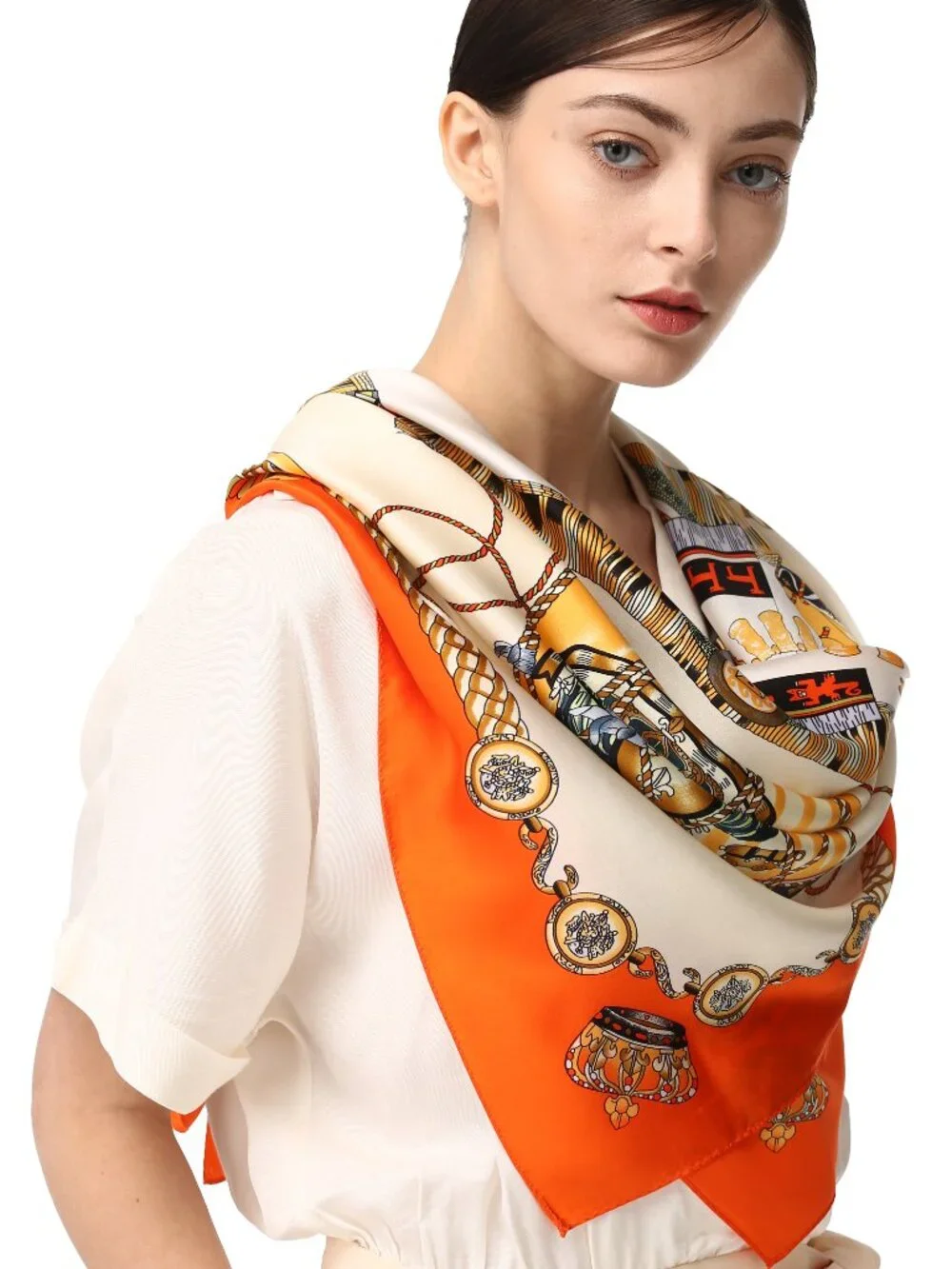 100% Silk Scarves, Extra-Large and XX-Large，Royal Drums, Orange